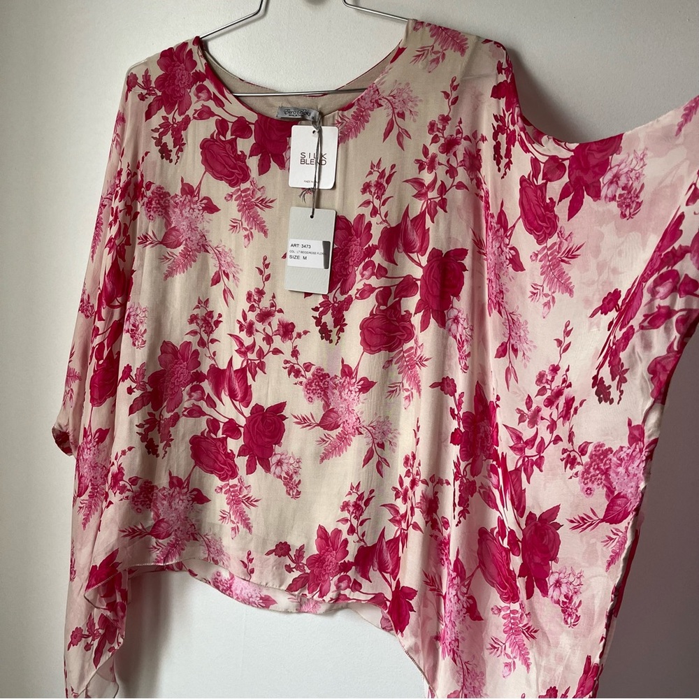 Elena Baldi Women's S M Silk Floral Overlay Pink Blouse Top Dolman Sleeve